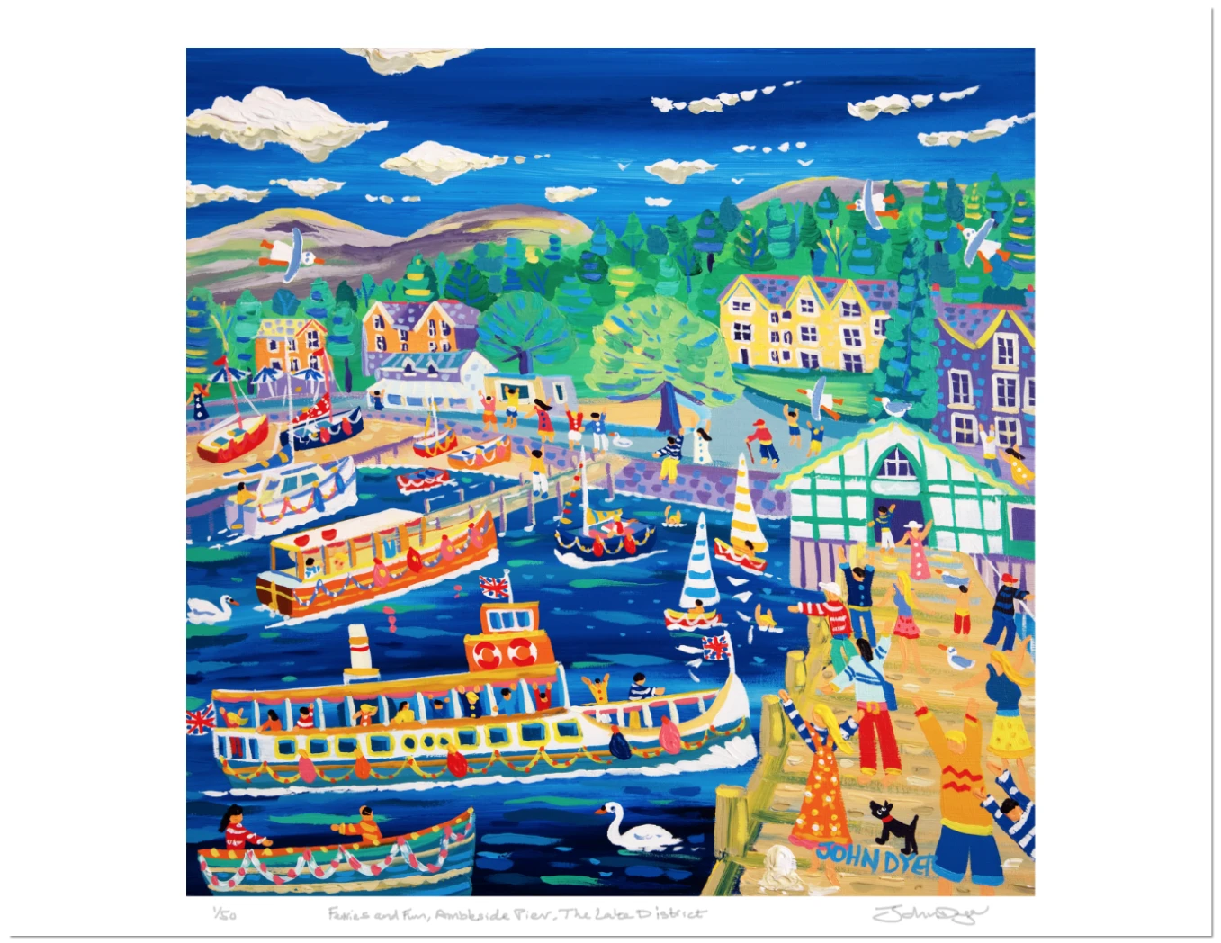 Limited Edition Print by John Dyer. 'Ferries and Fun, Ambleside Pier'. Lake District Print John Dyer