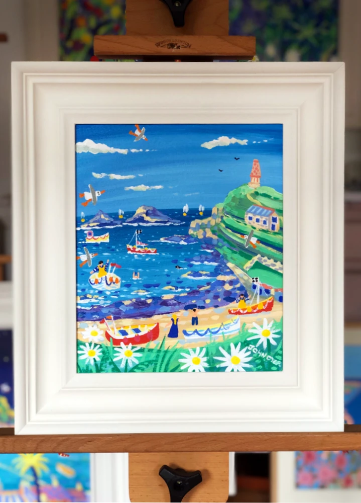 John Dyer Painting. Blue sea and fishing Boats, Cape Cornwall. John Dyer