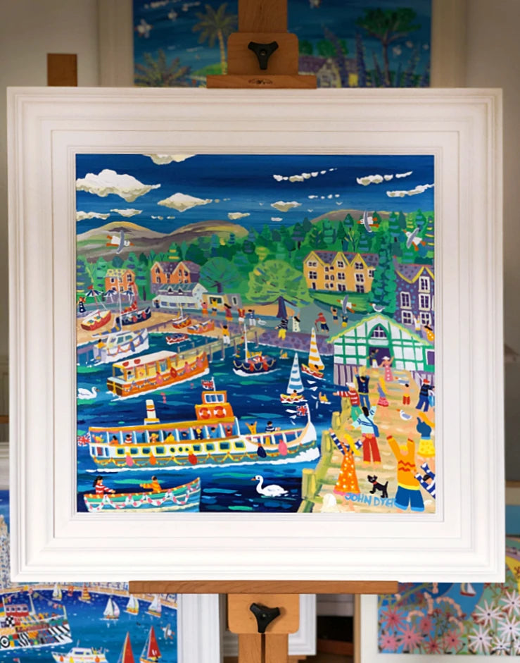 John Dyer Painting. Ferries and Fun, Ambleside Pier, The Lake District John Dyer