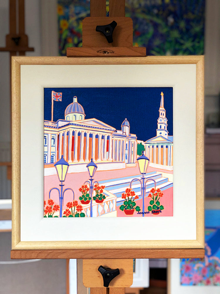 Original Painting by Joanne Short. Midnight Blue Sky, Trafalgar Square London