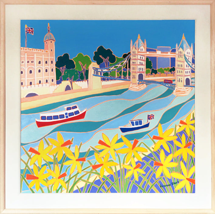 Original Painting by Joanne Short. River Boats and Daffodils, Tower Bridge, London