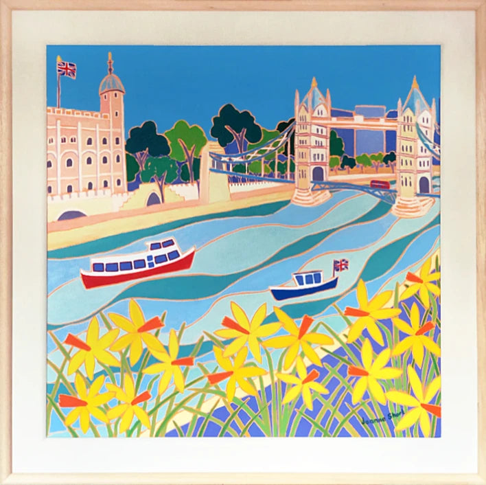 Original Painting by Joanne Short. River Boats and Daffodils, Tower Bridge, London Joanne Short