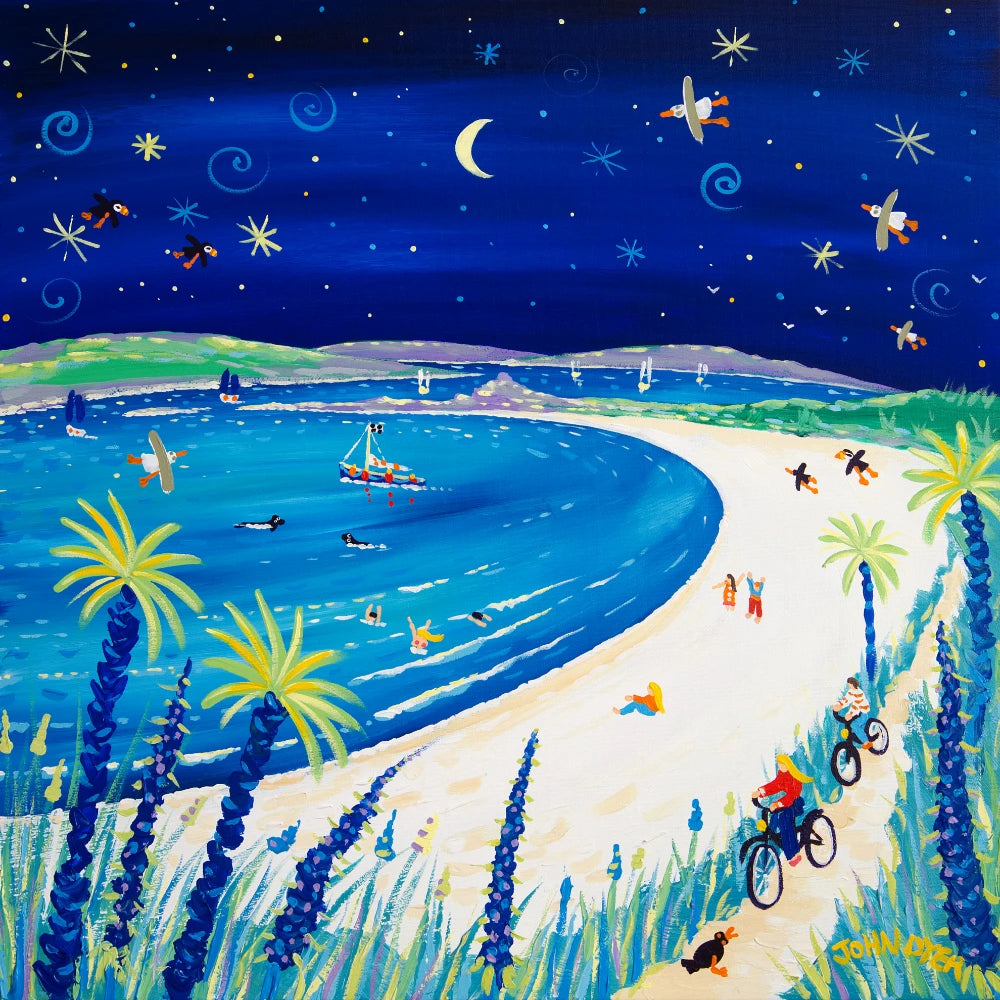 Limited Edition Print by Cornish John Dyer. 'Moonlit Cycle Ride, Pentle Bay, Tresco'. Cornwall Art Gallery Beach Print John Dyer