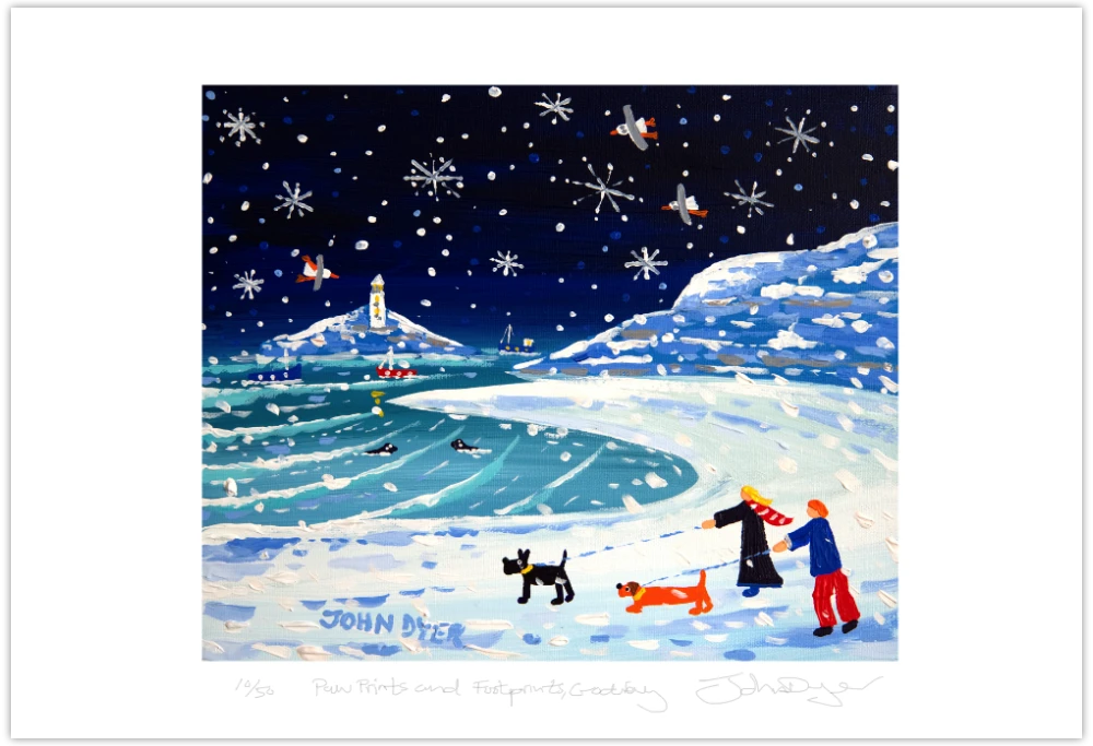Limited Edition Print by Cornish Artist John Dyer. 'Pawprints and Footprints, Godrevy Lighthouse'. Cornwall Art Gallery Print John Dyer