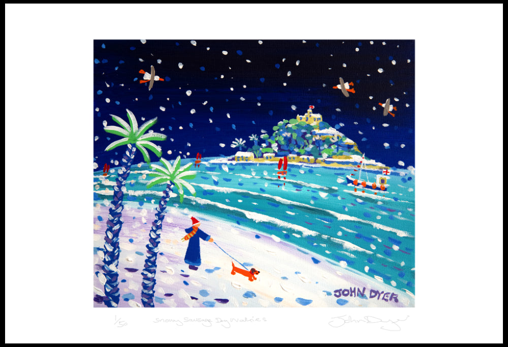 Limited Edition Print by Cornish Artist John Dyer. 'Snowy Sausage Dog Walkies, St Michael's Mount'. Cornwall Art Gallery