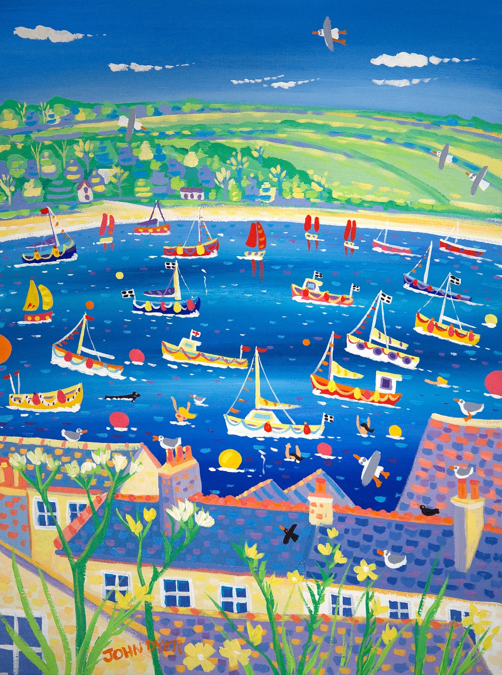 John Dyer Painting. Bobbing Boats on the River, Falmouth, Cornwall John Dyer