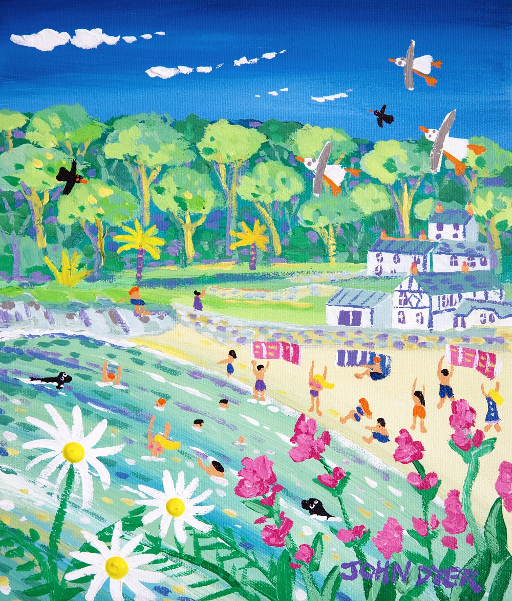 John Dyer Painting. Spring Fun at Readymoney Cove, Fowey John Dyer