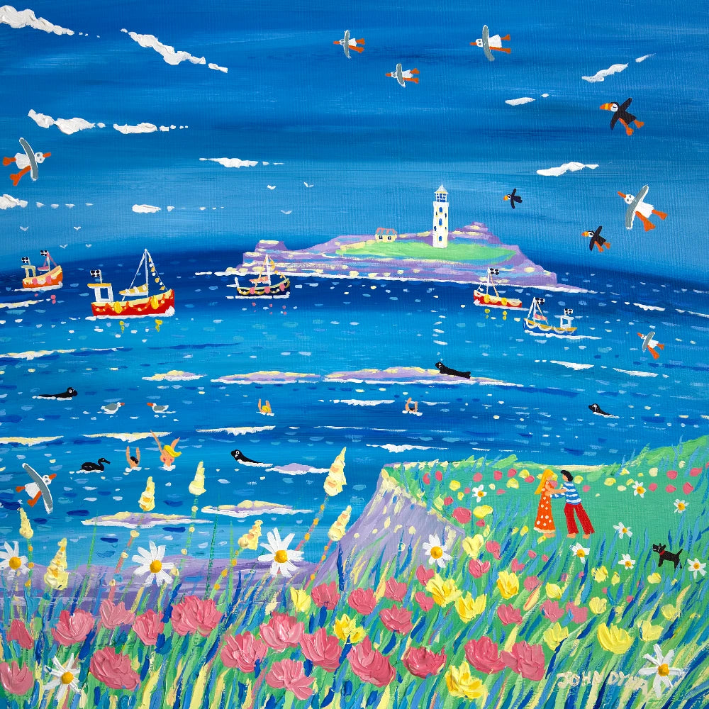 John Dyer Painting. Dancing on the Cliffs, Godrevy Lighthouse John Dyer