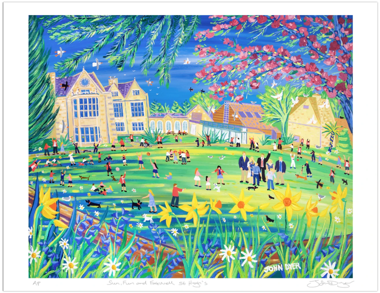 Signed Artist Print by John Dyer. Sun, Fun and Farewell St Hugh’s John Dyer