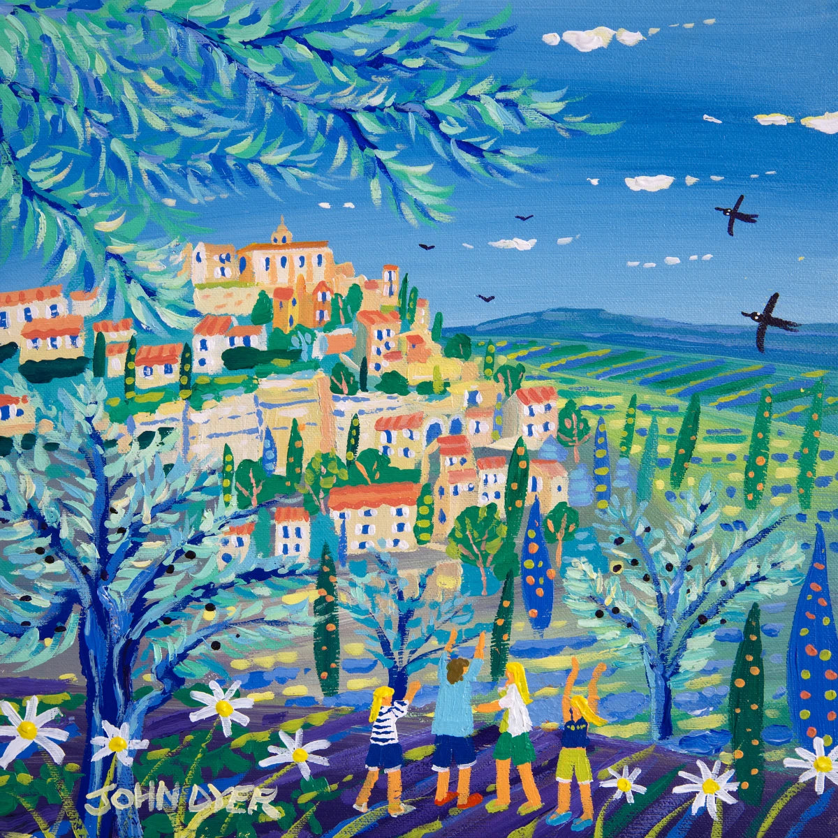 John Dyer Painting. View through the Olives to Gordes, Provence John Dyer