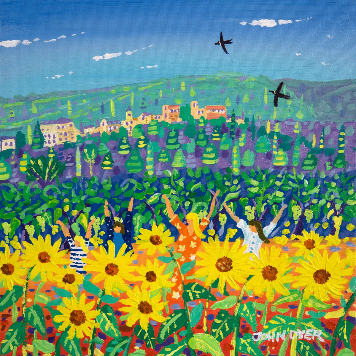 John Dyer Painting. Jumping in the Sunflowers, Ménerbes, Provence John Dyer