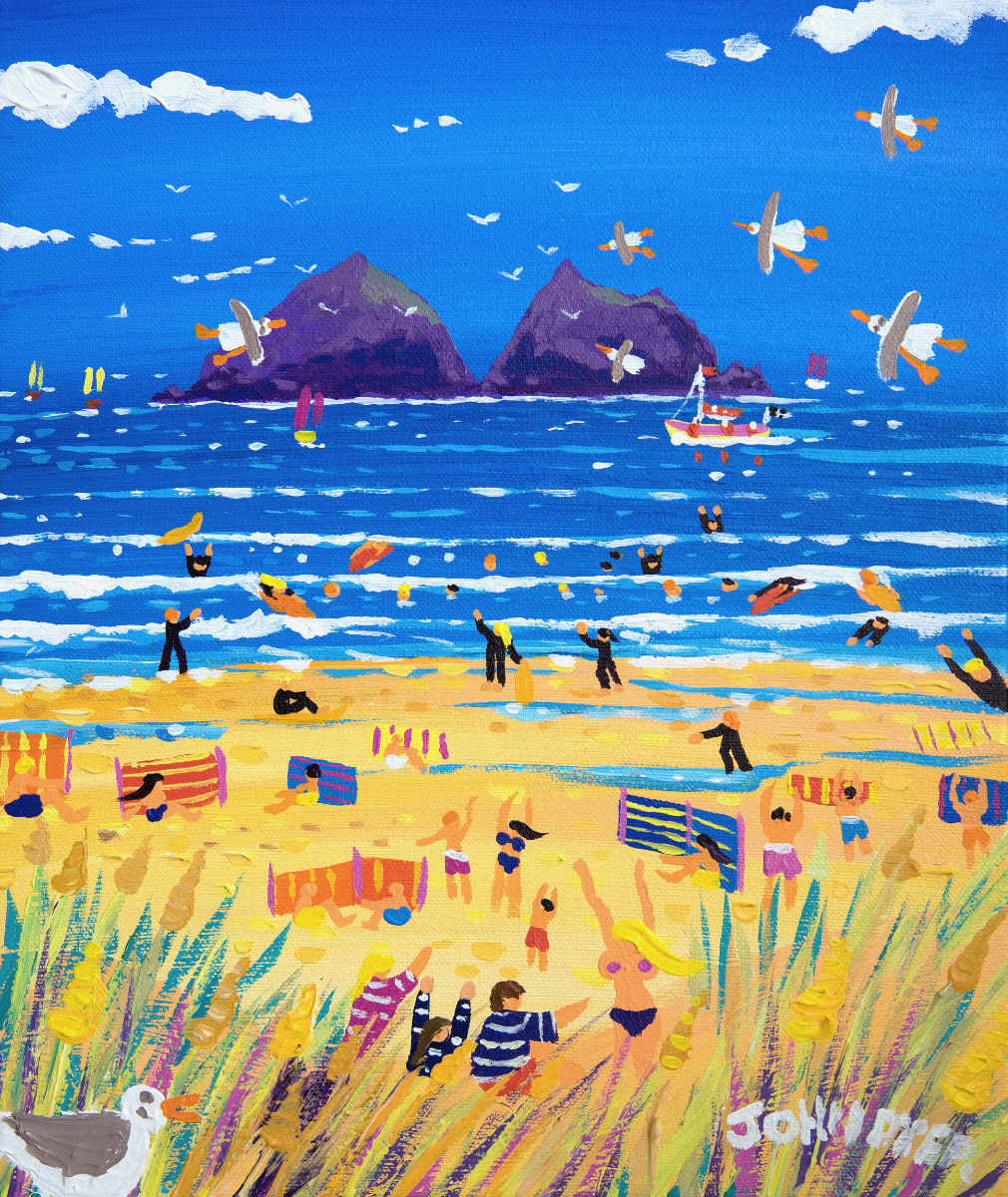 John Dyer Painting. Summer Surfers, Holywell Bay, Cornwall
