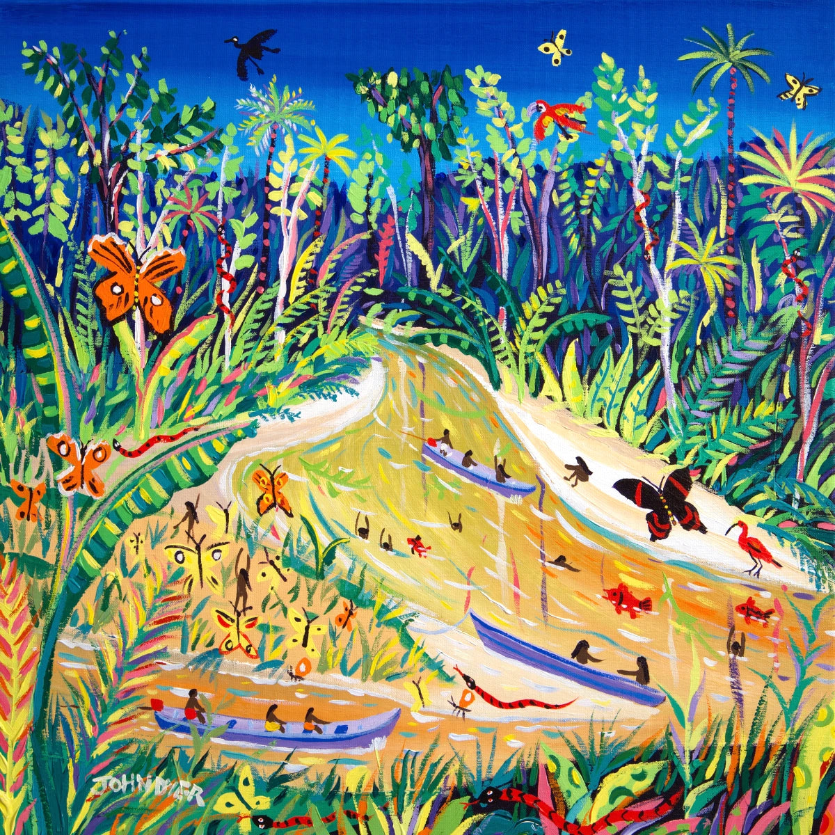 John Dyer Painting. Spiritual Butterflies, Rio Gregório, Amazon Rainforest, Brazil. 24 x 24 inches acrylic on canvas. John Dyer