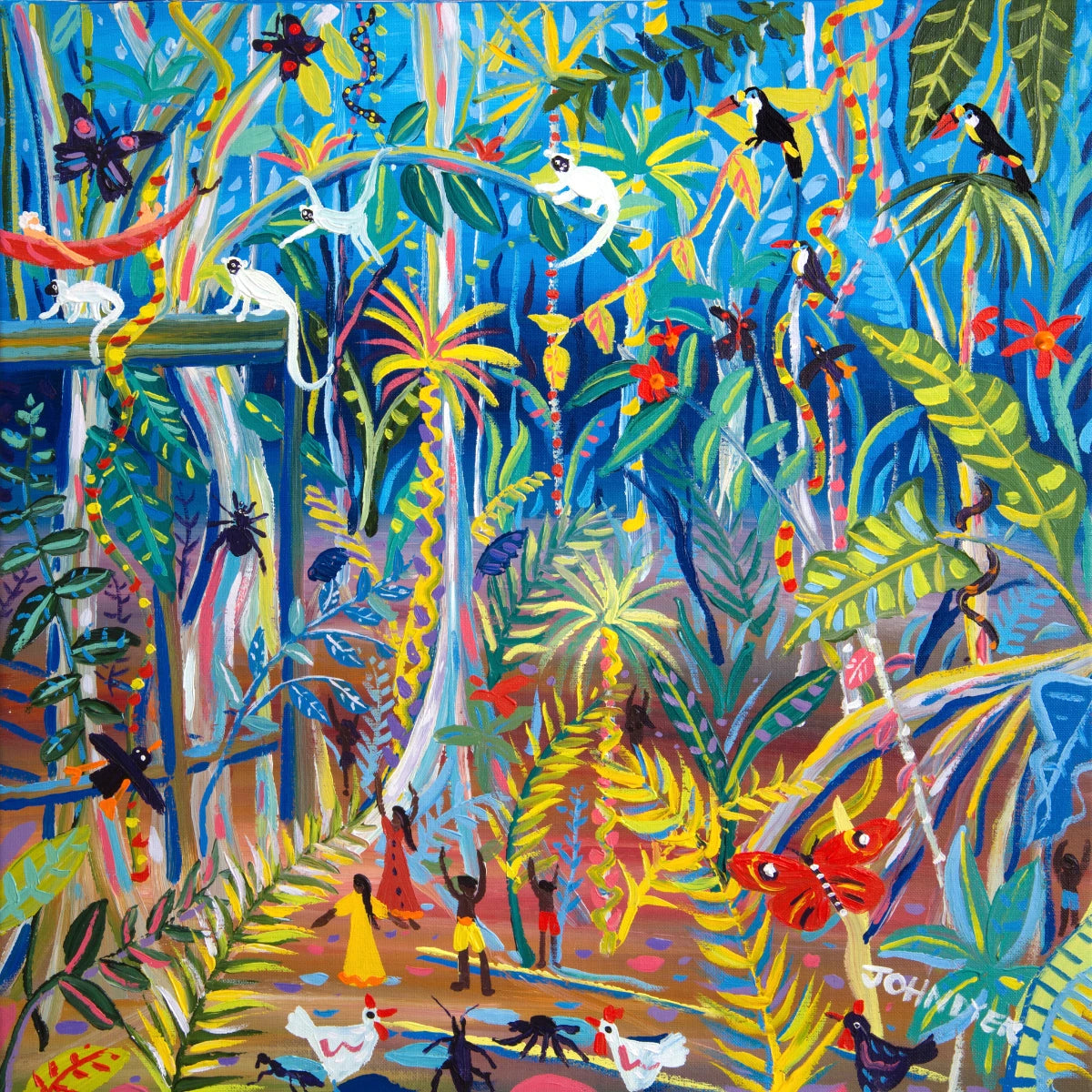 John Dyer Painting. Yawanawá Amazon Rainforest Tree House. 24 x 24 inches acrylic on canvas. John Dyer