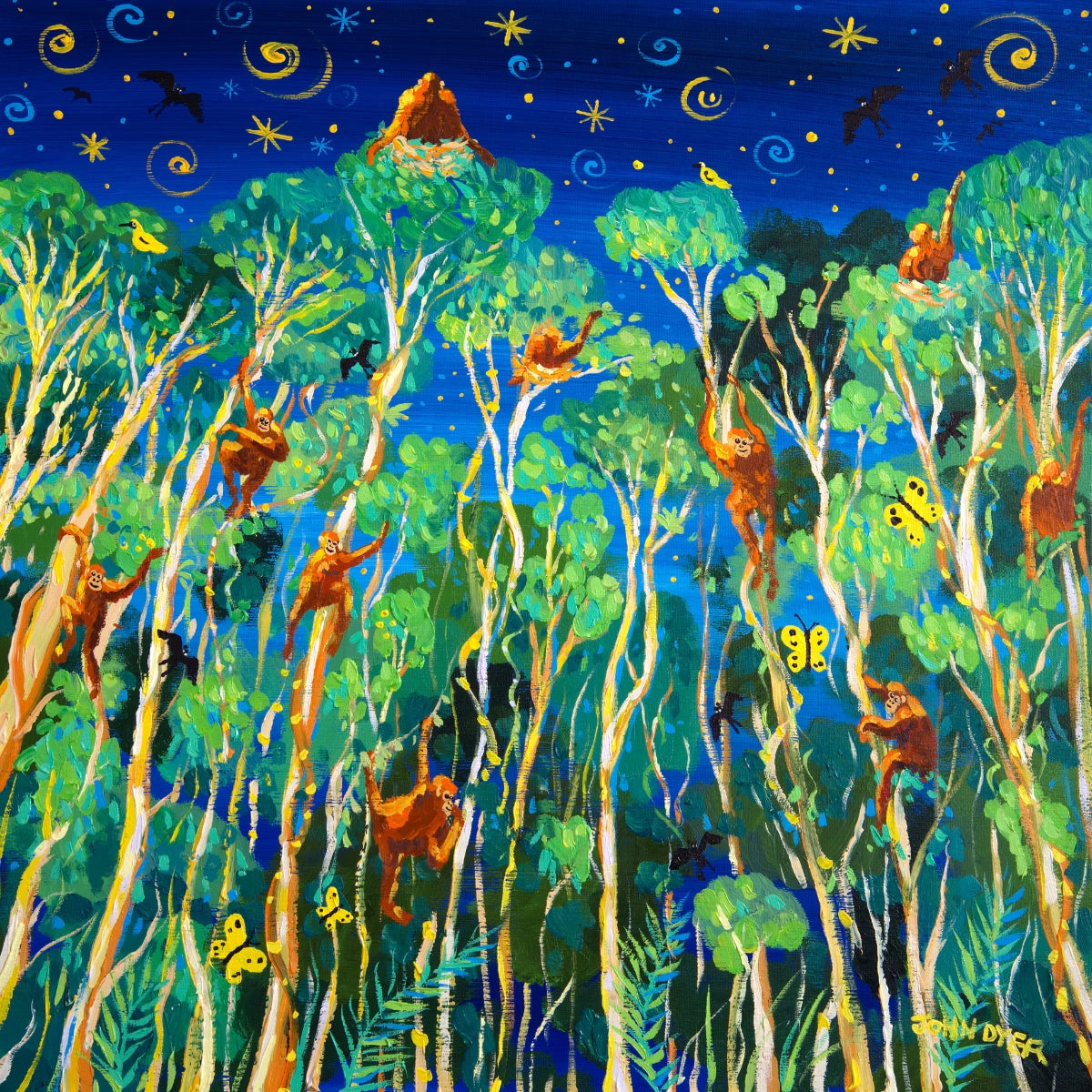 John Dyer Painting. Twilight Orangutans, Borneo John Dyer