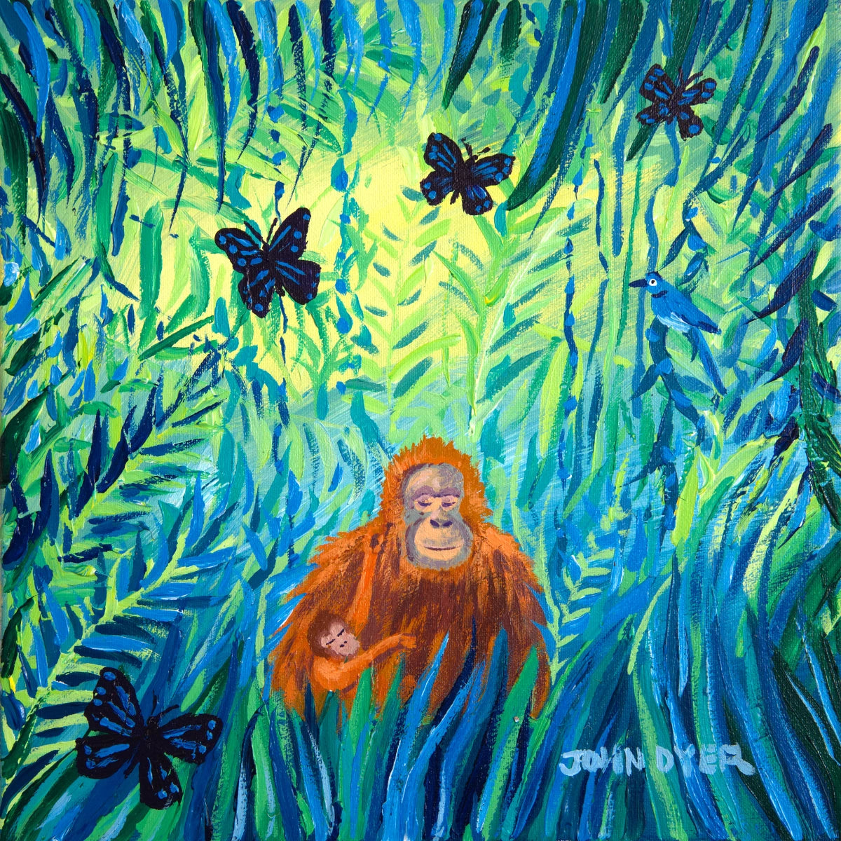 John Dyer Painting. Mother and Child, Borneo Orangutans John Dyer