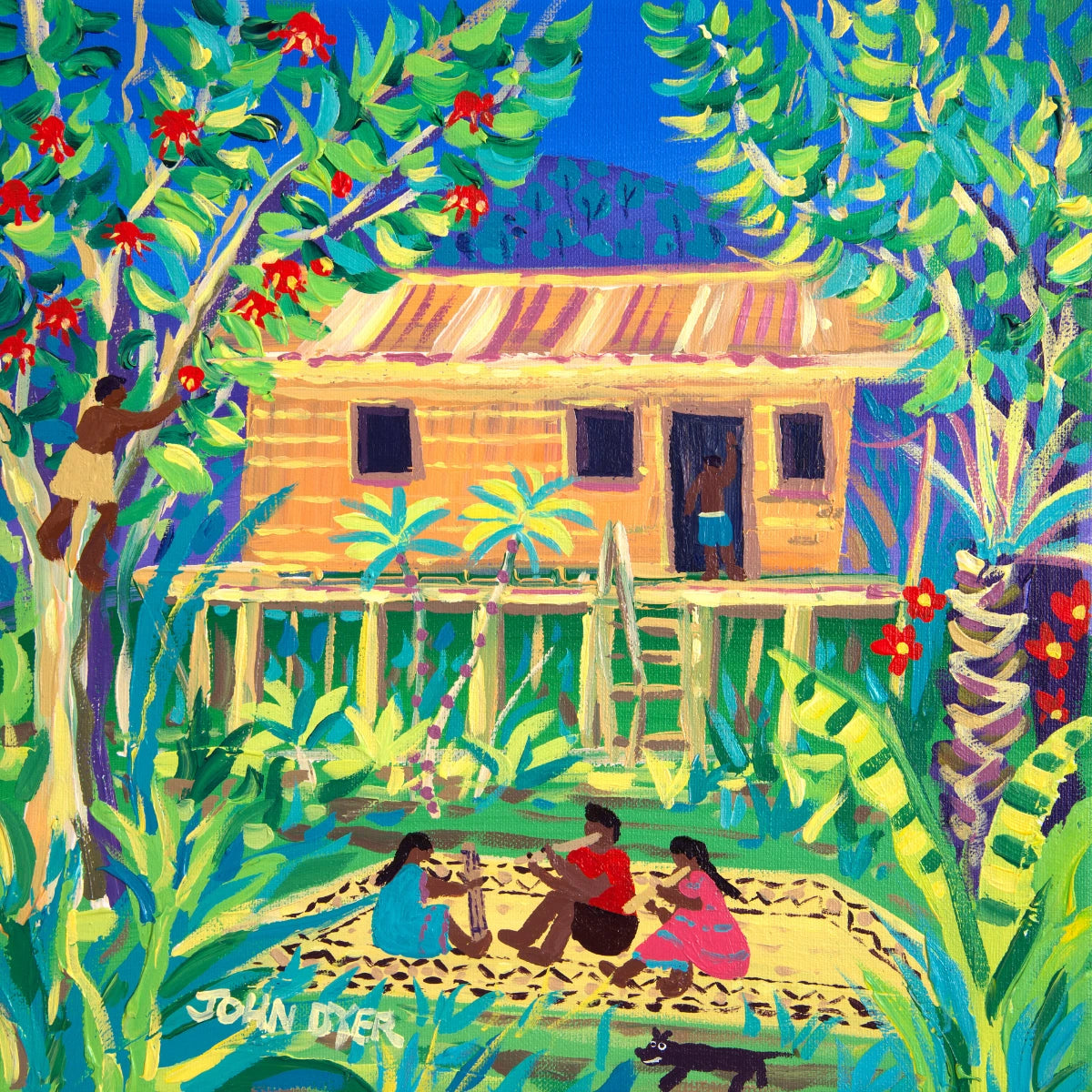 John Dyer Painting. 'Tribal Penan Music at Batu Bungan, Mulu, Borneo'. Painting of Sarawak Malaysia. John Dyer