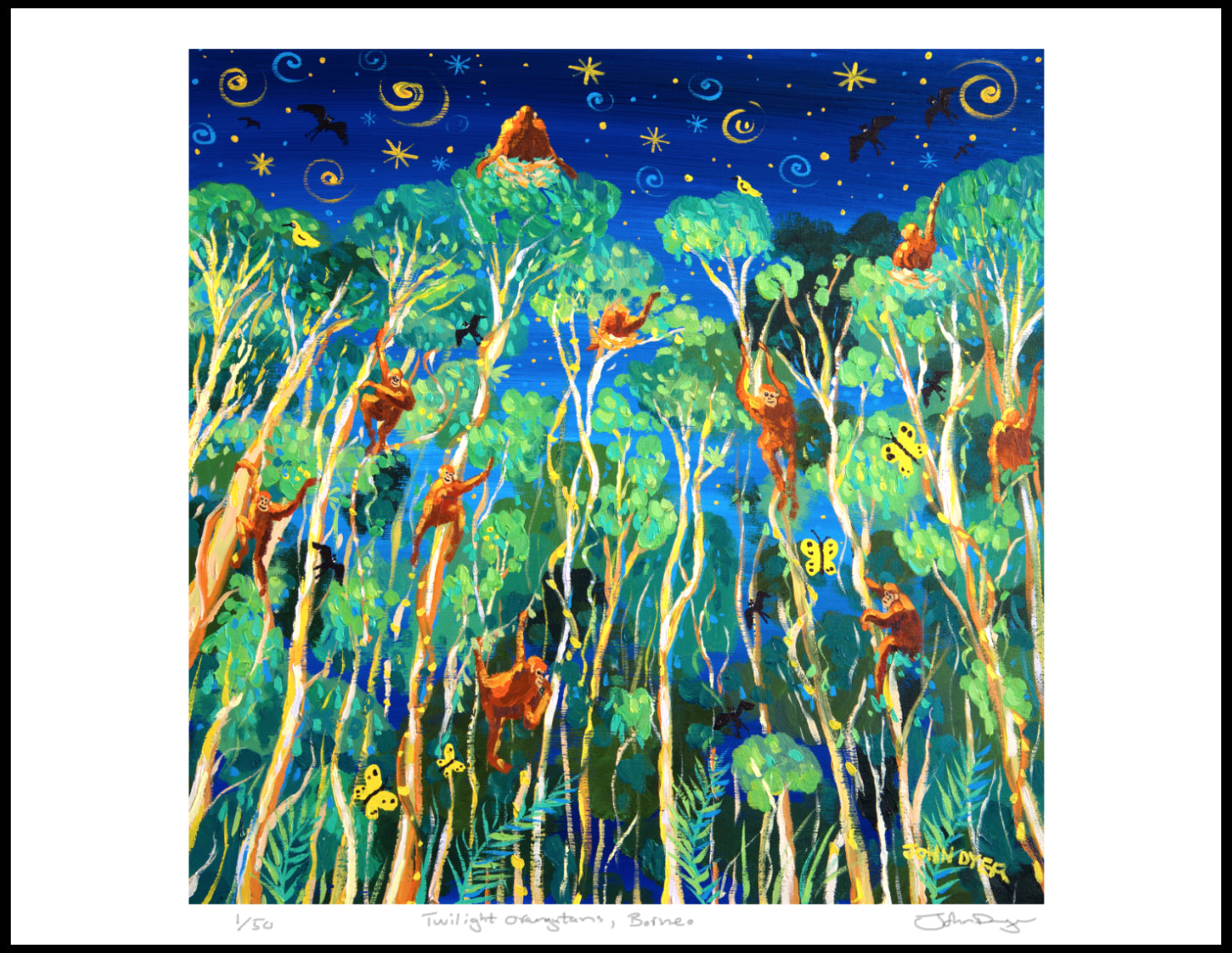 Limited Edition Jungle Print by Environmental Artist John Dyer. 'Twilight Orangutans, Borneo'.