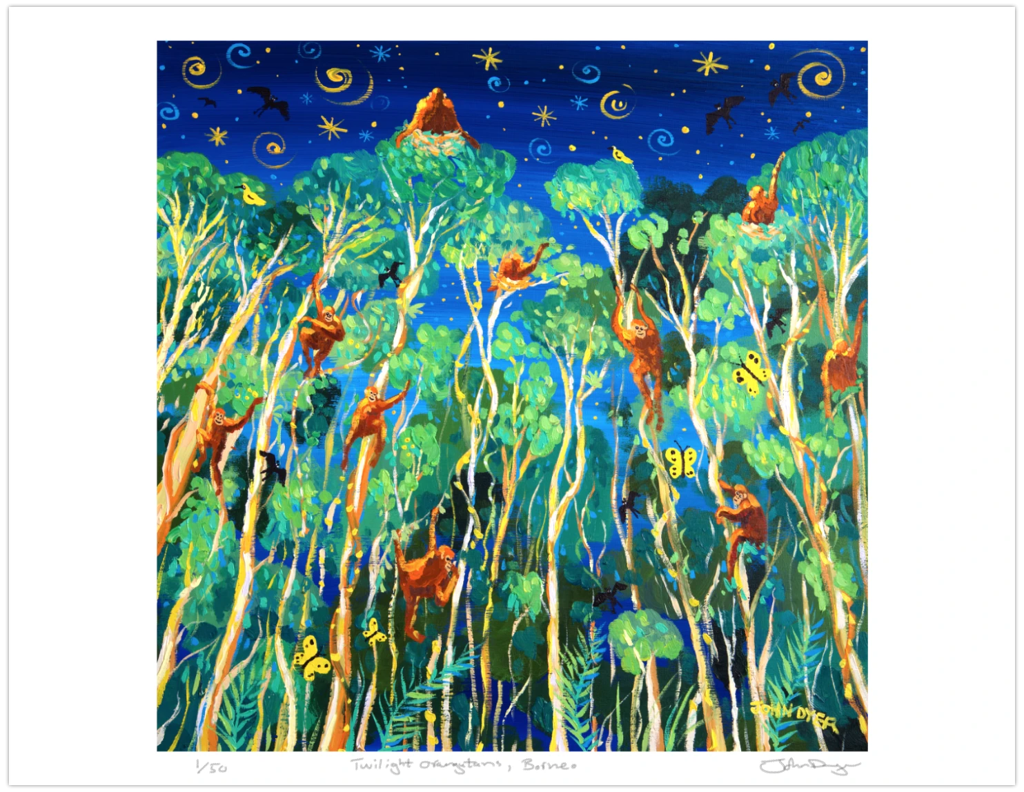 Limited Edition Jungle Print by Environmental Artist John Dyer. 'Twilight Orangutans, Borneo'. Animal Art Prints John Dyer