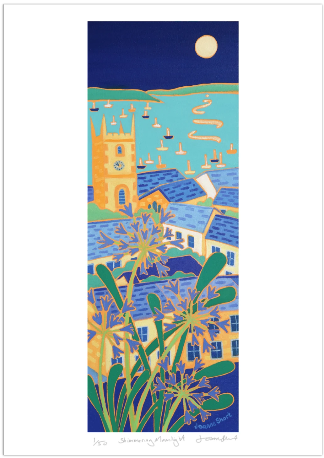 Signed Limited Edition Print by Cornish Artist Joanne Short. 'Shimmering Moonlight, Falmouth'. Cornwall Art Gallery Print. Joanne Short