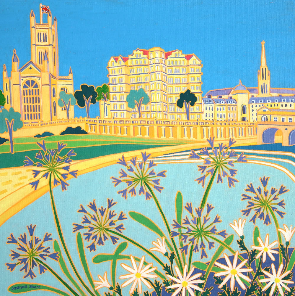 Joanne Short Painting. Riverside Agapanthus, Bath. 18 x 18 inches oil on canvas Joanne Short