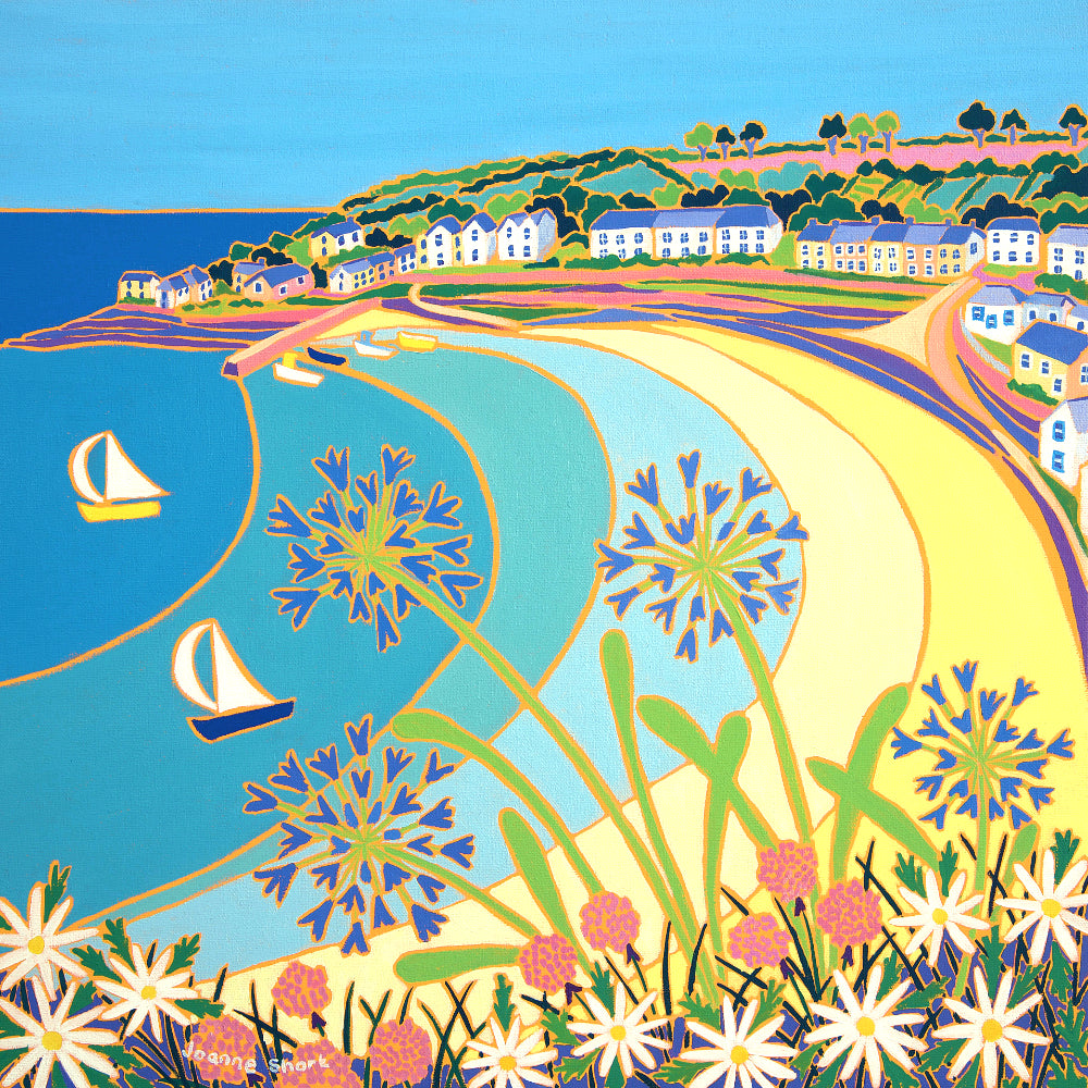 Joanne Short Painting. Agapanthus on the Coast Path, Portscatho. 18 x 18 inches oil on canvas