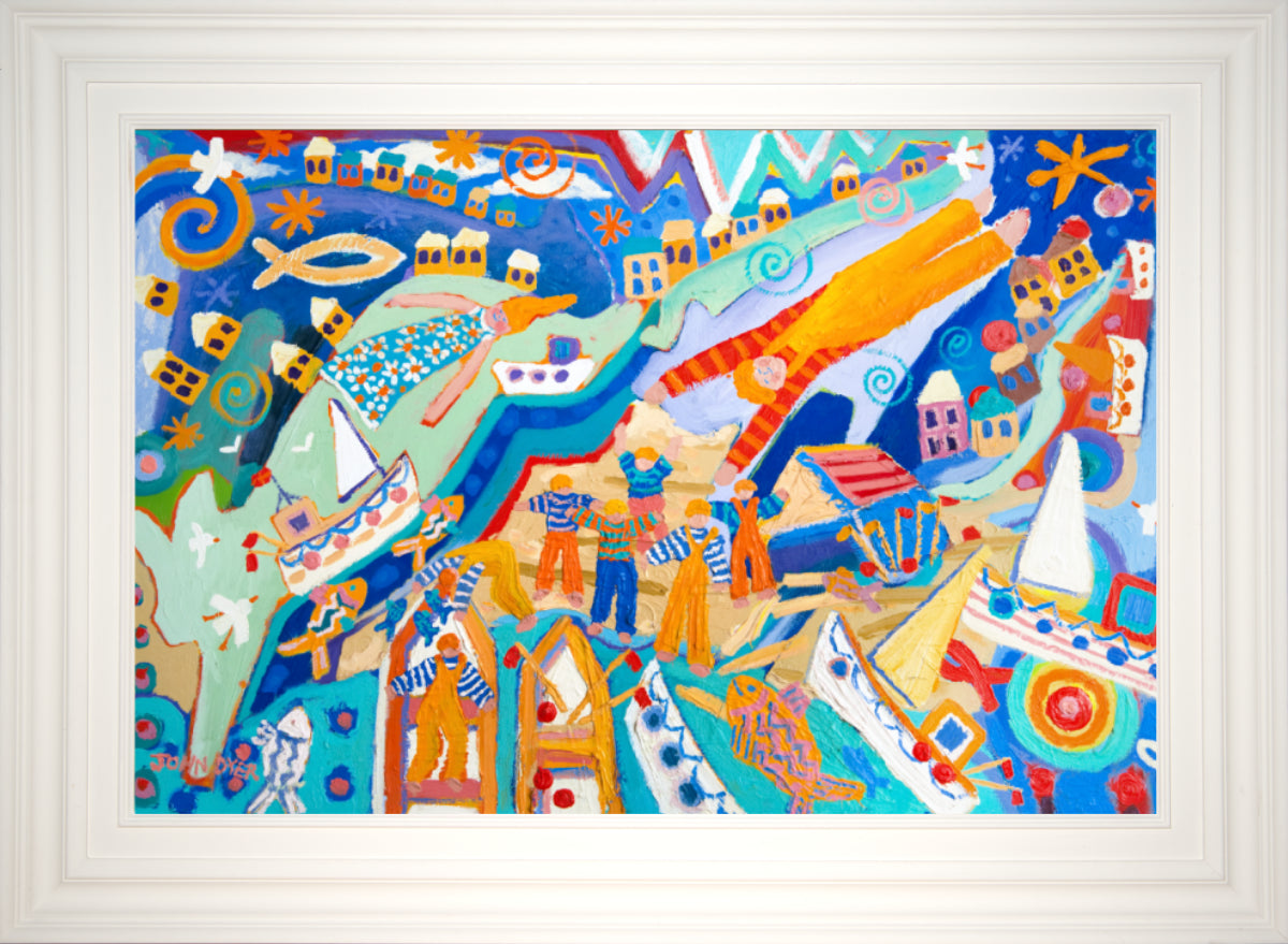 John Dyer Cornwall Painting. 'The Cat Chasing the Rabbit, Cadgwith'. 24x36 inches oil on board. Cornish Art from our Cornwall Art Gallery