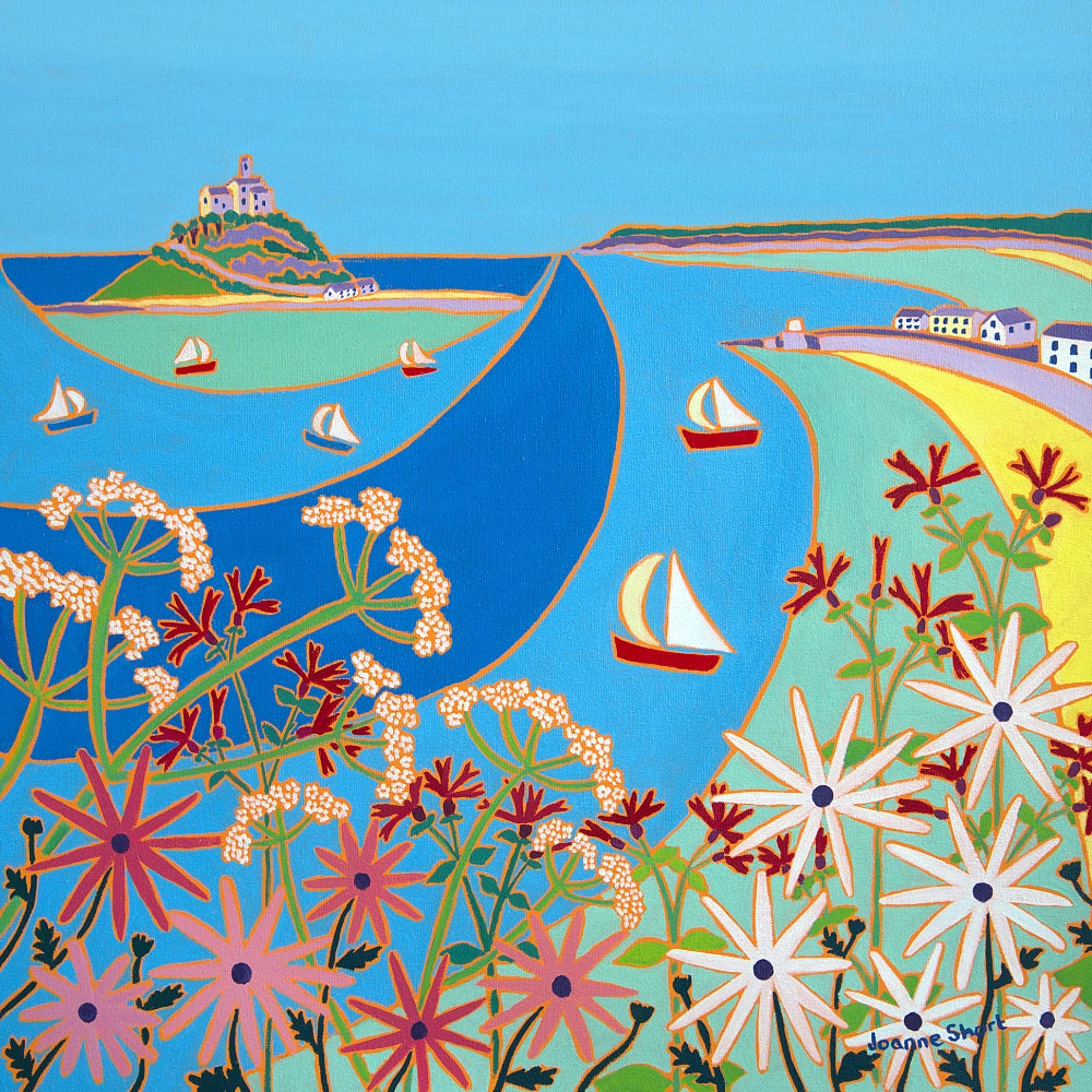 Cornish Art Original Painting by Joanne Short. 'Summer Flowers, Mount's Bay'. 18 x 18 inches oil on canvas. Cornwall Art Gallery Joanne Short