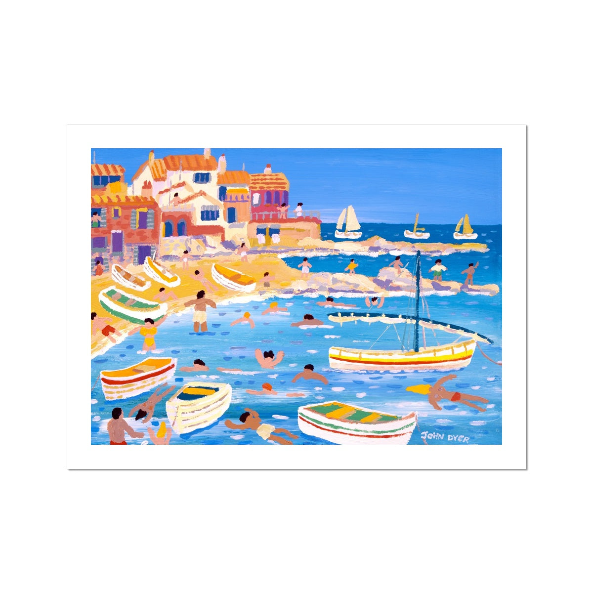 John Dyer Framed Open Edition Cornish Fine Art Print. 'White Washed Buildings on the Beach, Calella, Spain'. Cornwall Art Gallery