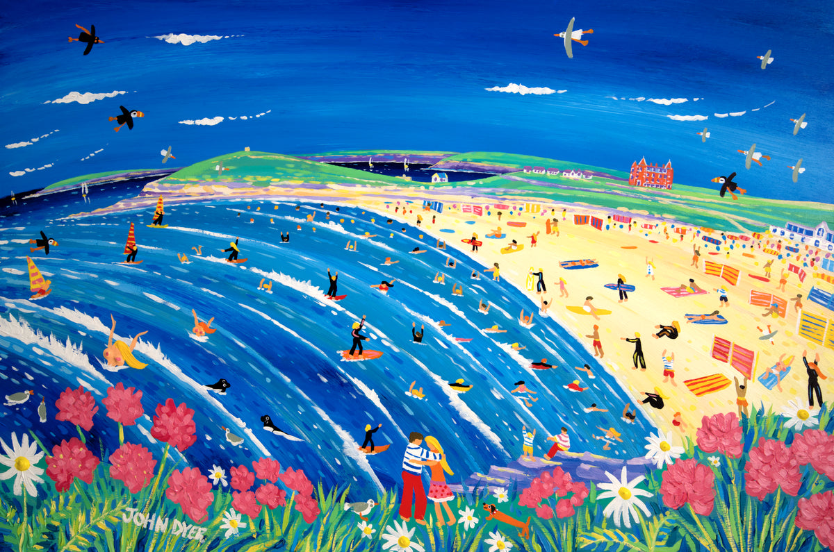 Painting by John Dyer. Cornish Holiday, Fistral Beach, Newquay