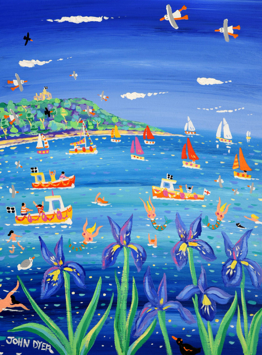 John Dyer Painting. Blue Irises and Mermaids, Castle Beach, Falmouth