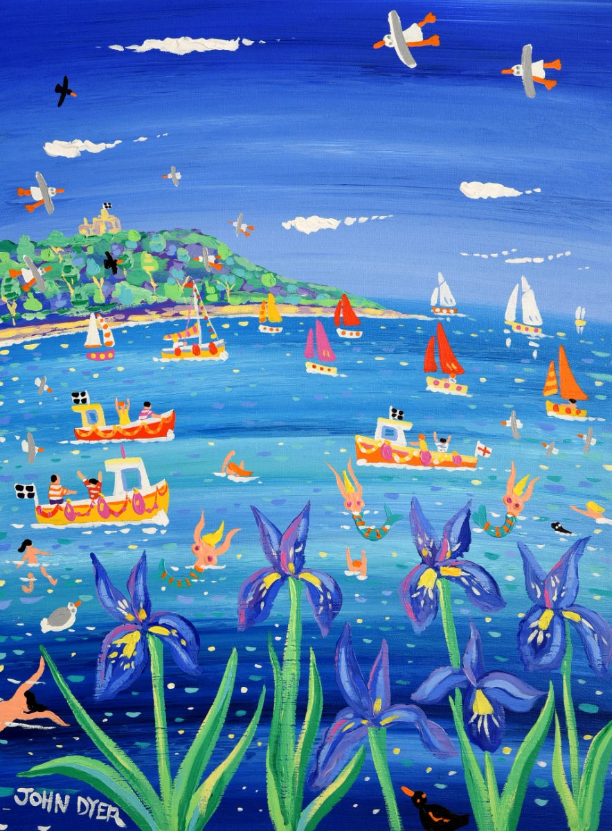 John Dyer Painting. Blue Irises and Mermaids, Castle Beach, Falmouth John Dyer