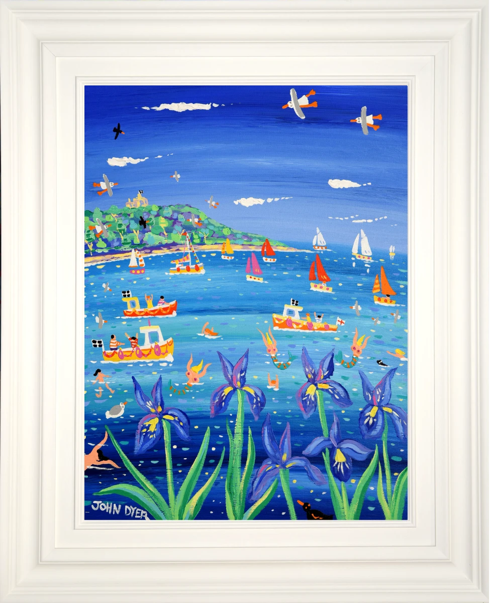 John Dyer Painting. Blue Irises and Mermaids, Castle Beach, Falmouth John Dyer