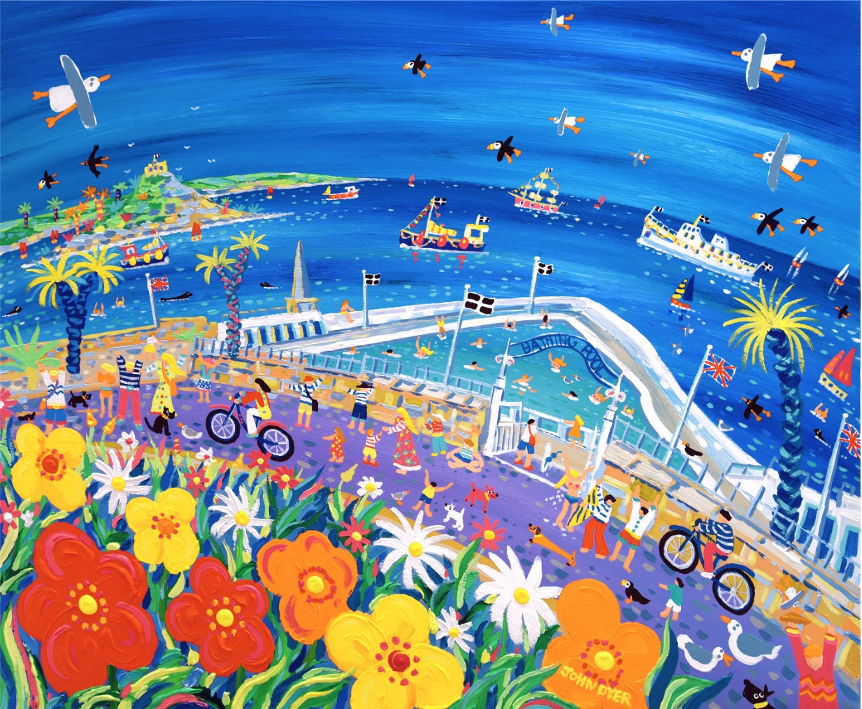 Cornish Art Signed Limited Edition Print by Artist John Dyer. 'A Day at the Jubilee Bathing Pool, Penzance'. Cornwall Art Gallery Print. John Dyer