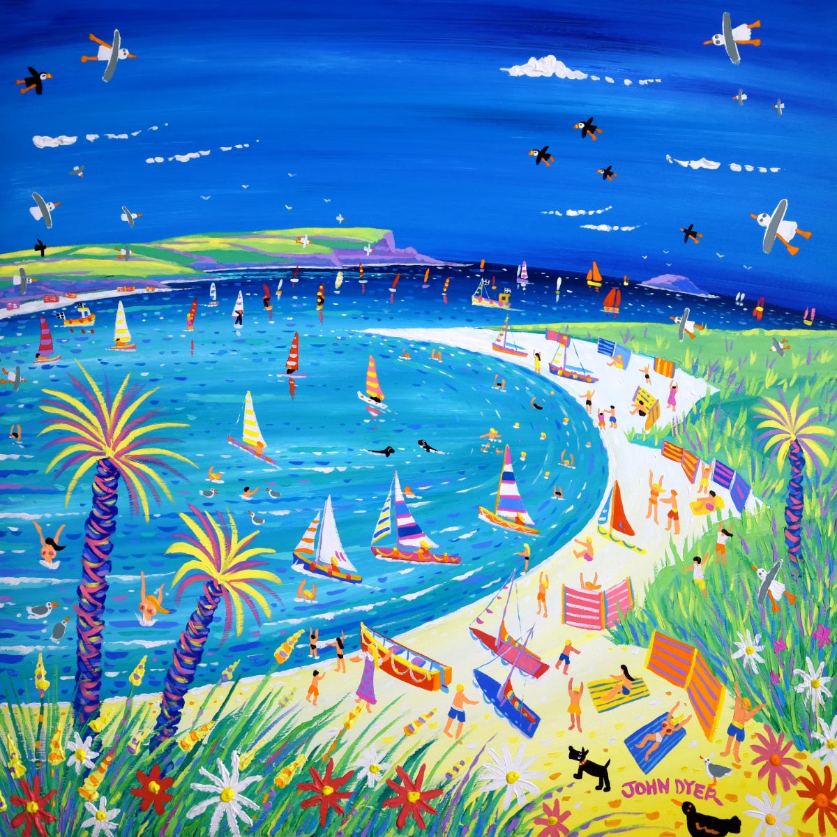 Limited Edition Print by Cornish Artist John Dyer. 'Hot Summer Fun at Rock, Daymer Bay, Cornwall'. Cornwall Art Gallery Print John Dyer
