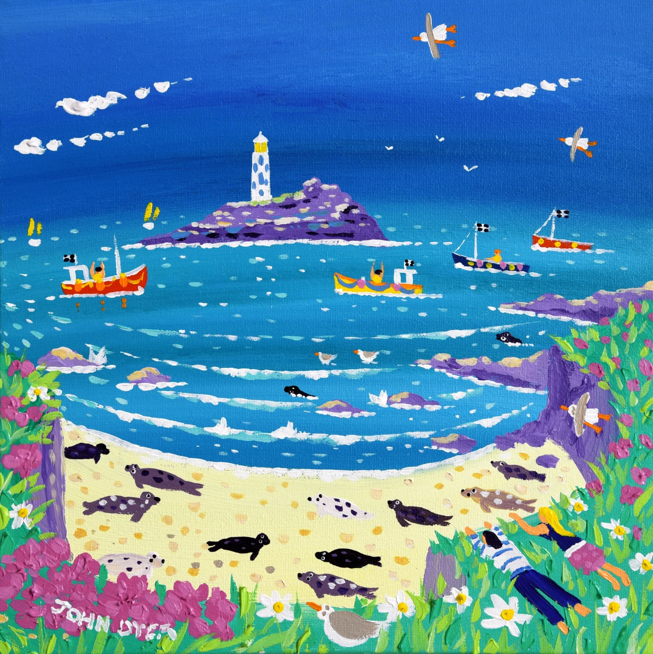 John Dyer Painting. Sneaky Peek at the Seals, Godrevy John Dyer