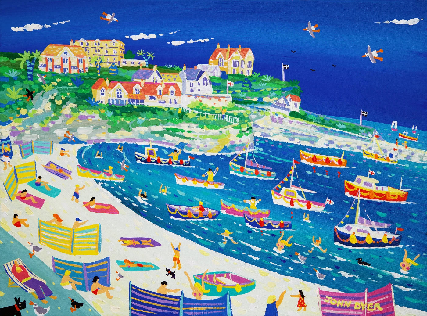 John Dyer Painting. Fun in the Harbour, Newquay John Dyer