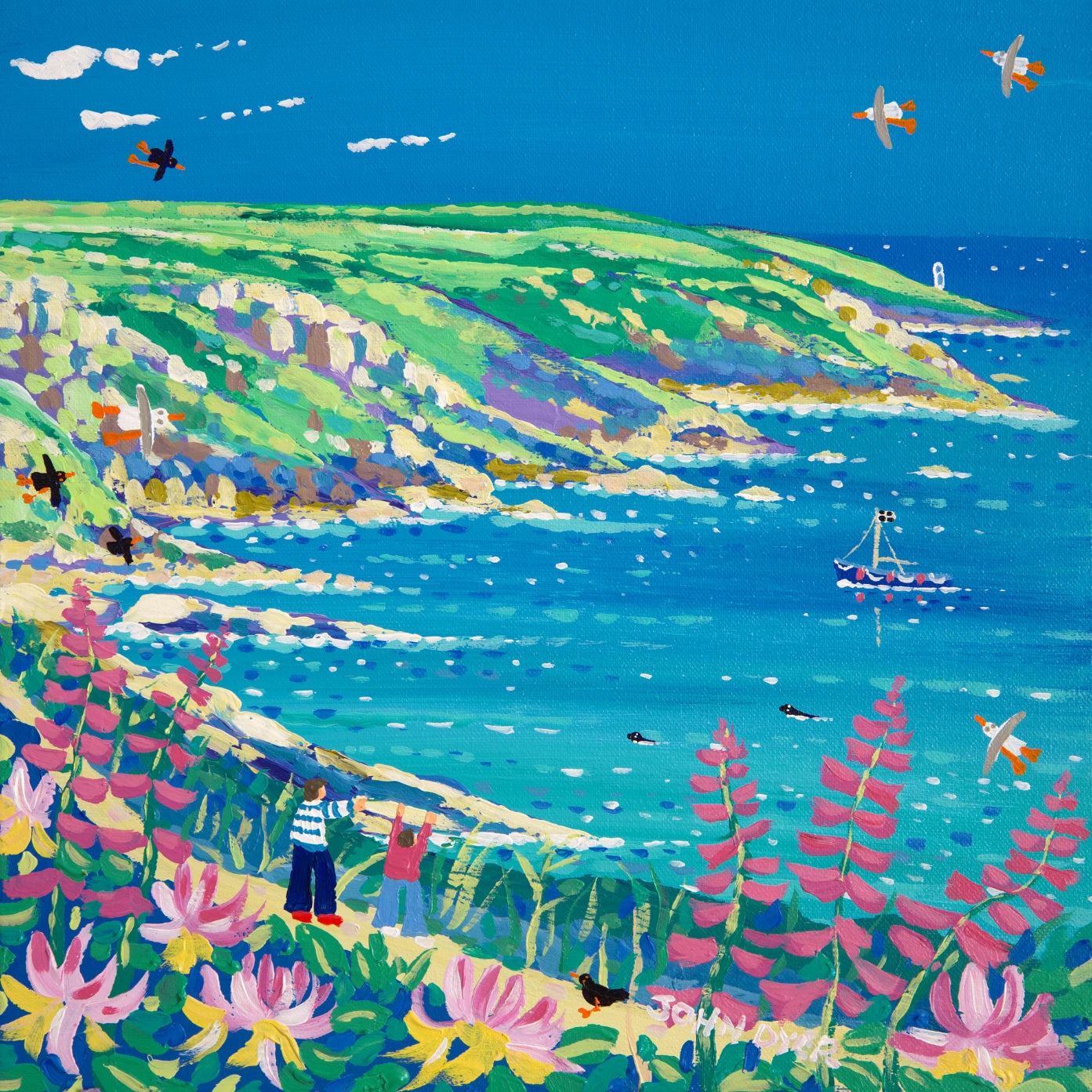 John Dyer Painting. Looking through the Honeysuckle and Foxgloves to Pendeen Lighthouse, Morvah John Dyer