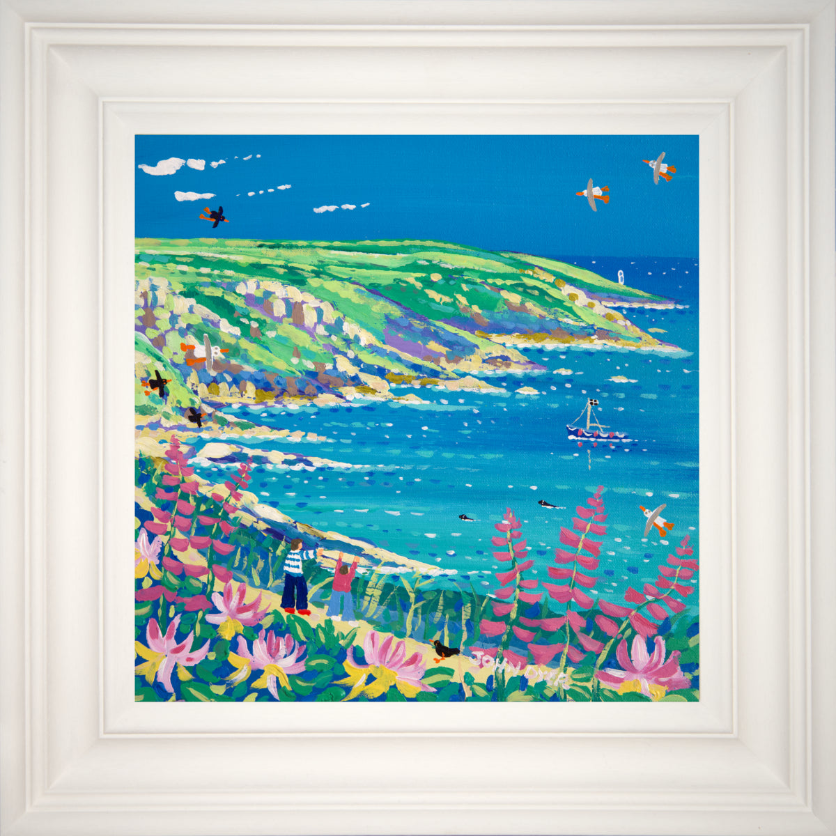 John Dyer Painting. Looking through the Honeysuckle and Foxgloves to Pendeen Lighthouse, Morvah