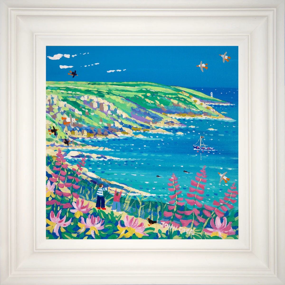 John Dyer Painting. Looking through the Honeysuckle and Foxgloves to Pendeen Lighthouse, Morvah John Dyer