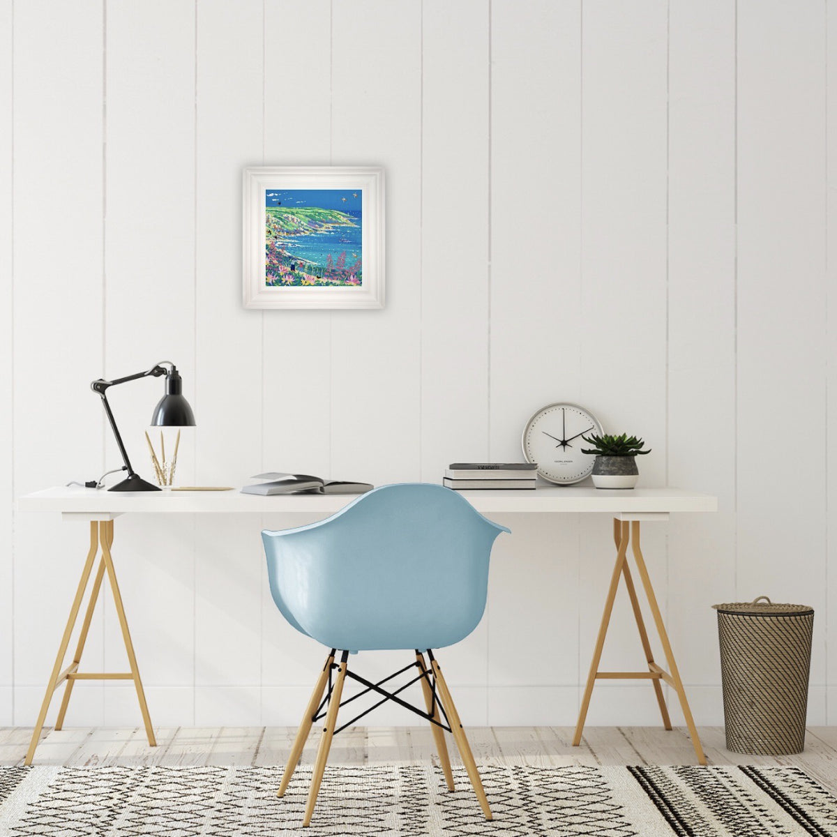 John Dyer Painting. Looking through the Honeysuckle and Foxgloves to Pendeen Lighthouse, Morvah