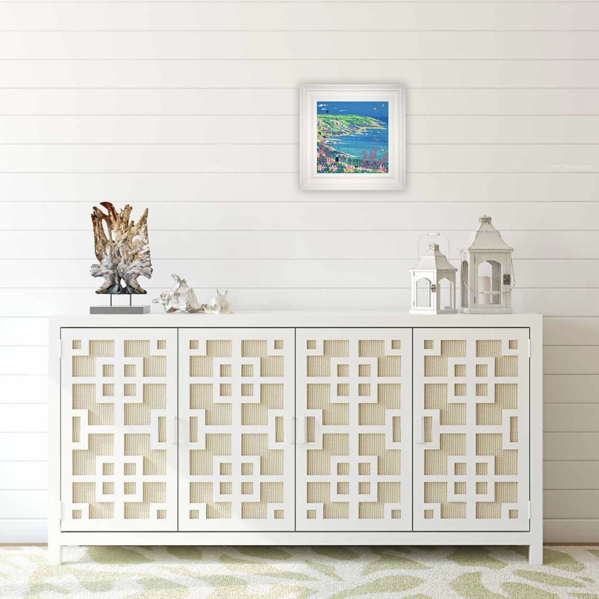 John Dyer Painting. Looking through the Honeysuckle and Foxgloves to Pendeen Lighthouse, Morvah