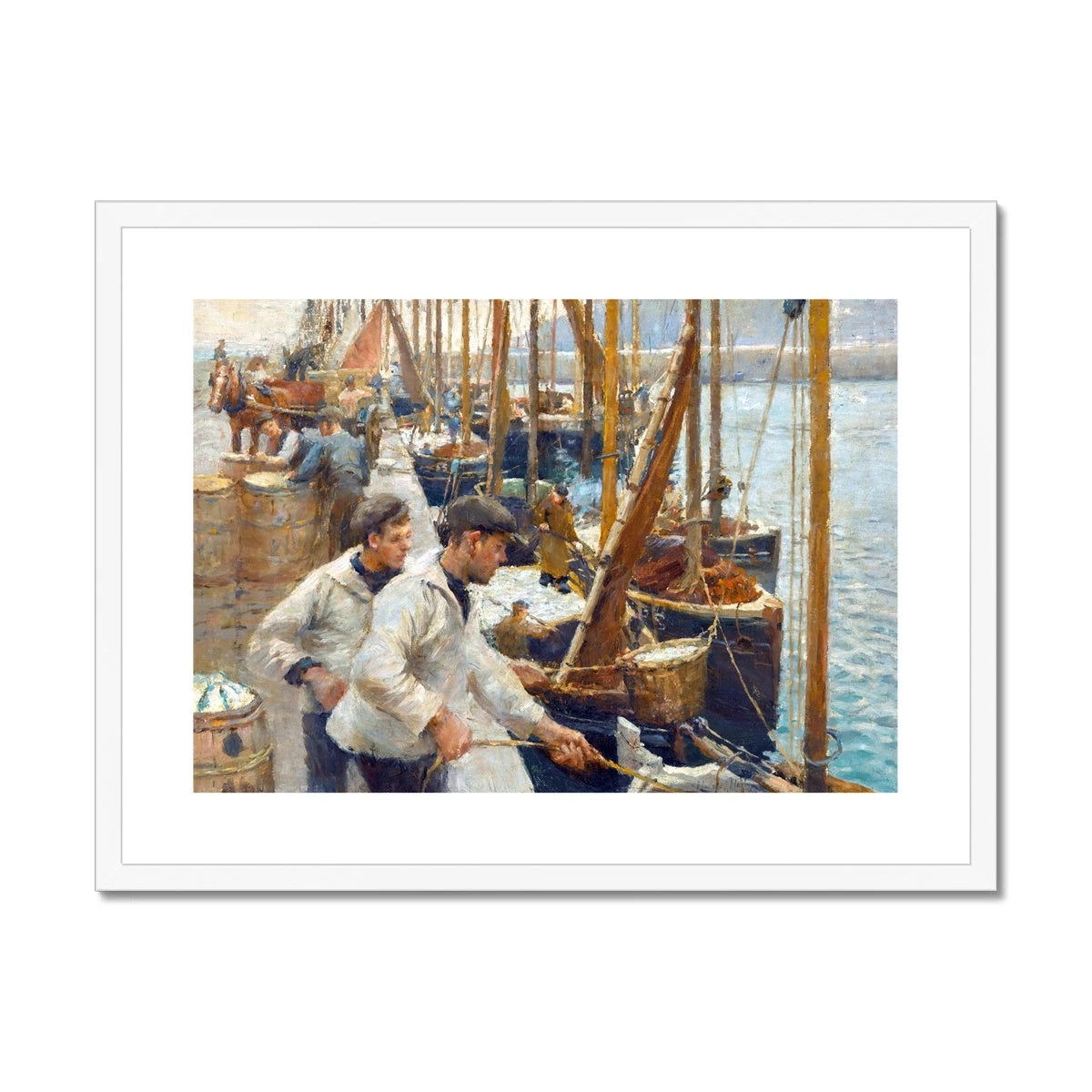 'Fishing Boats, Newlyn' by Harold Harvey. Framed Open Edition Fine Art Print. Historic Art Harold Harvey
