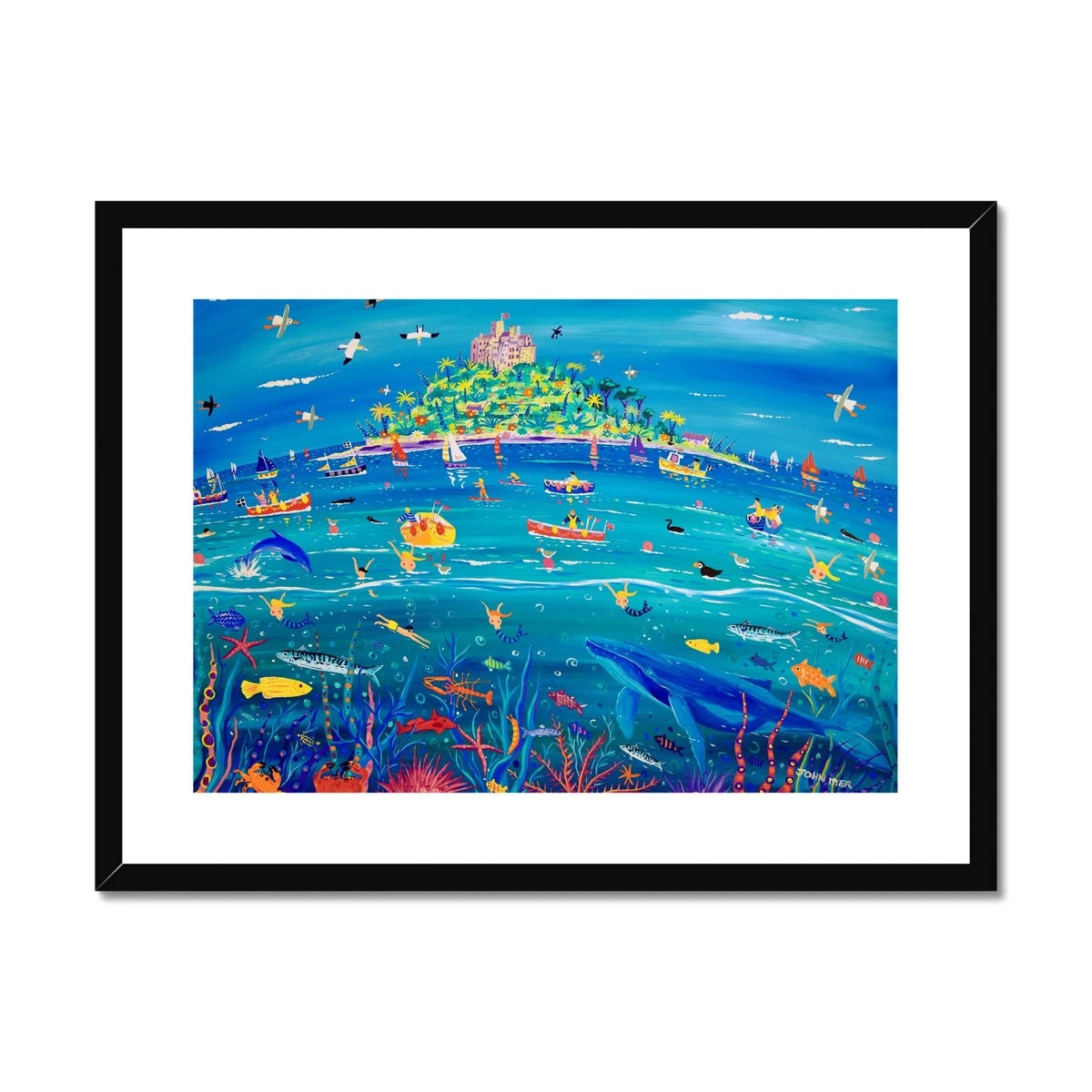 John Dyer Framed Open Edition Cornish Art Print. 'Underwater Wonders, Mount’s Bay Whale'. Cornwall Art Gallery Animal Art Prints John Dyer
