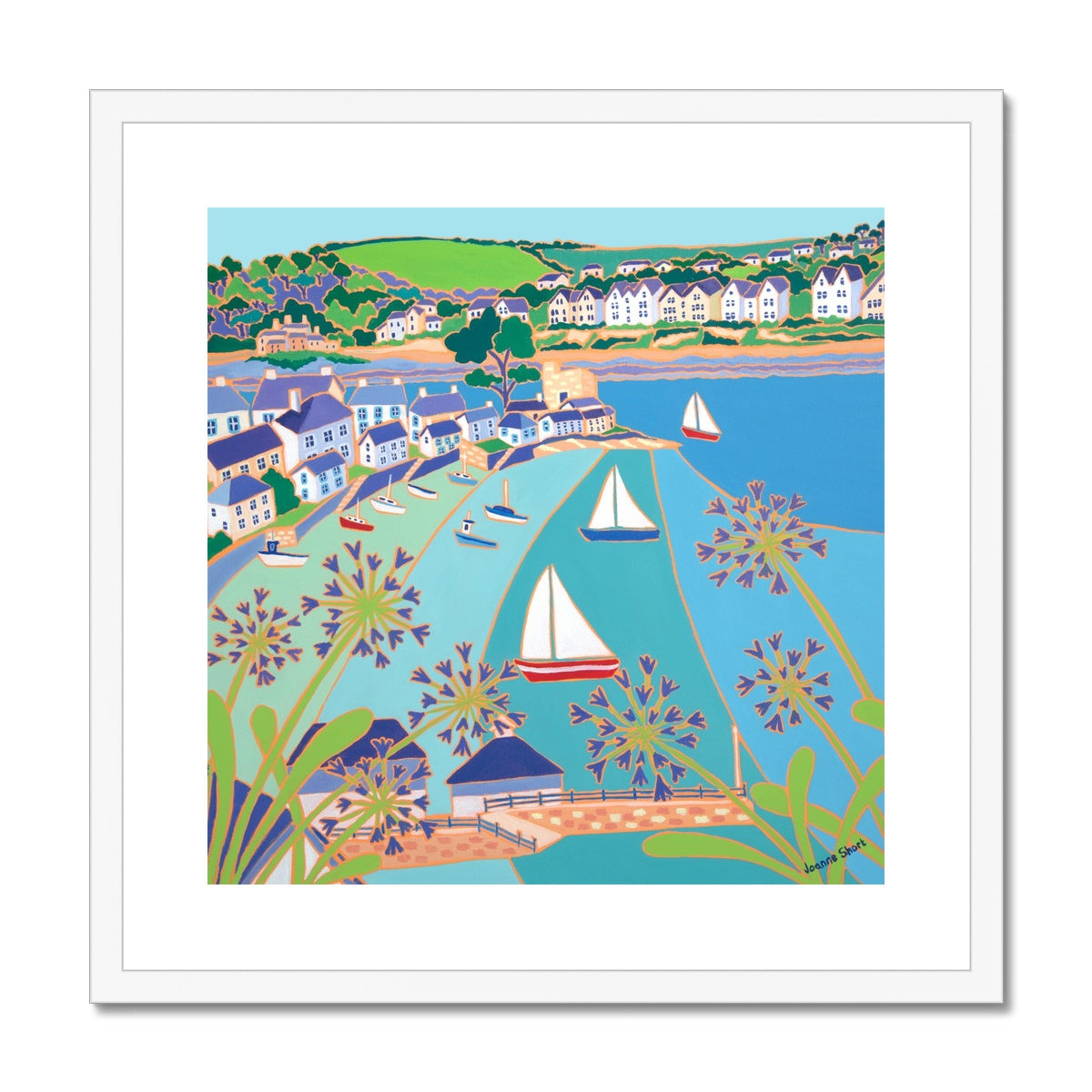 Joanne Short Framed Open Edition Cornish Fine Art Print. 'View across the River Fowey, Polruan'. Cornwall Art Gallery