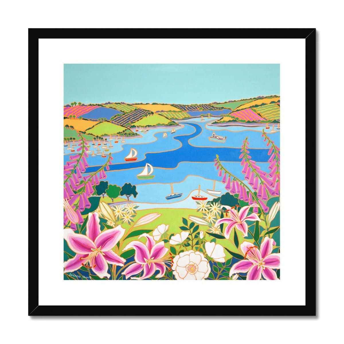 Joanne Short Framed Open Edition Cornish Fine Art Print. 'Wild Flowers and Wedding Lilies'. Cornwall Art Gallery Joanne Short