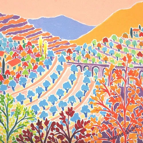 The Warmth of Autumn in the Menton Hills, Sunset, France. Original Painting by Joanne Short