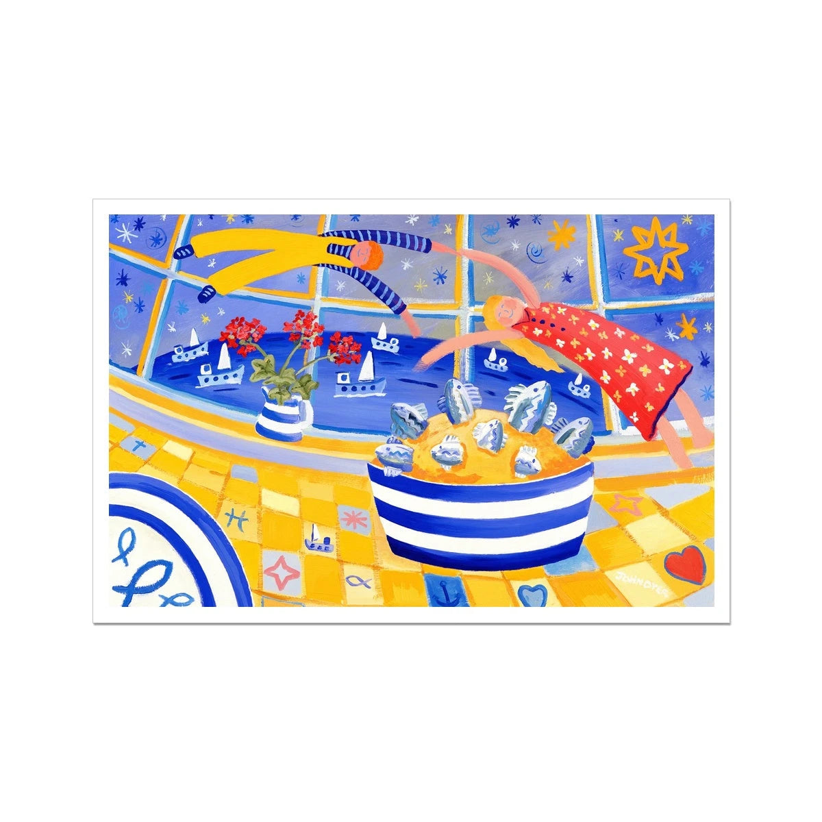 John Dyer Fine Art Print. Coastal Open Edition Art Print. 'Enjoying the Day's Catch, Cornwall'. Cornish Art Gallery John Dyer