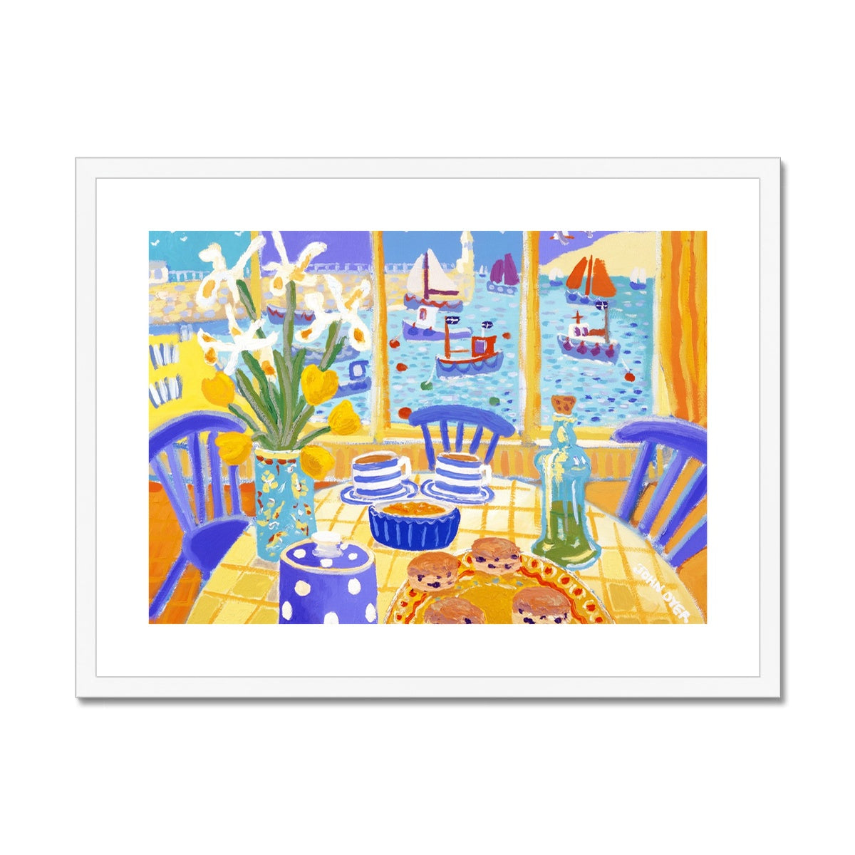 John Dyer Framed Open Edition Still Life Cornish Art Print. 'Cafe View, St Ives'. Cornwall Art Gallery