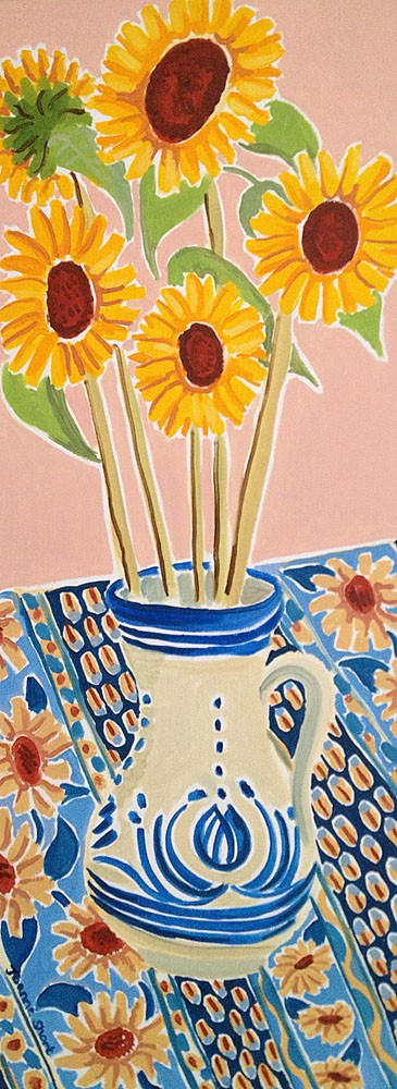 Original Still Life Painting by Joanne Short. Yellow Sunflowers and Blue Tablecloth. Provence, France.